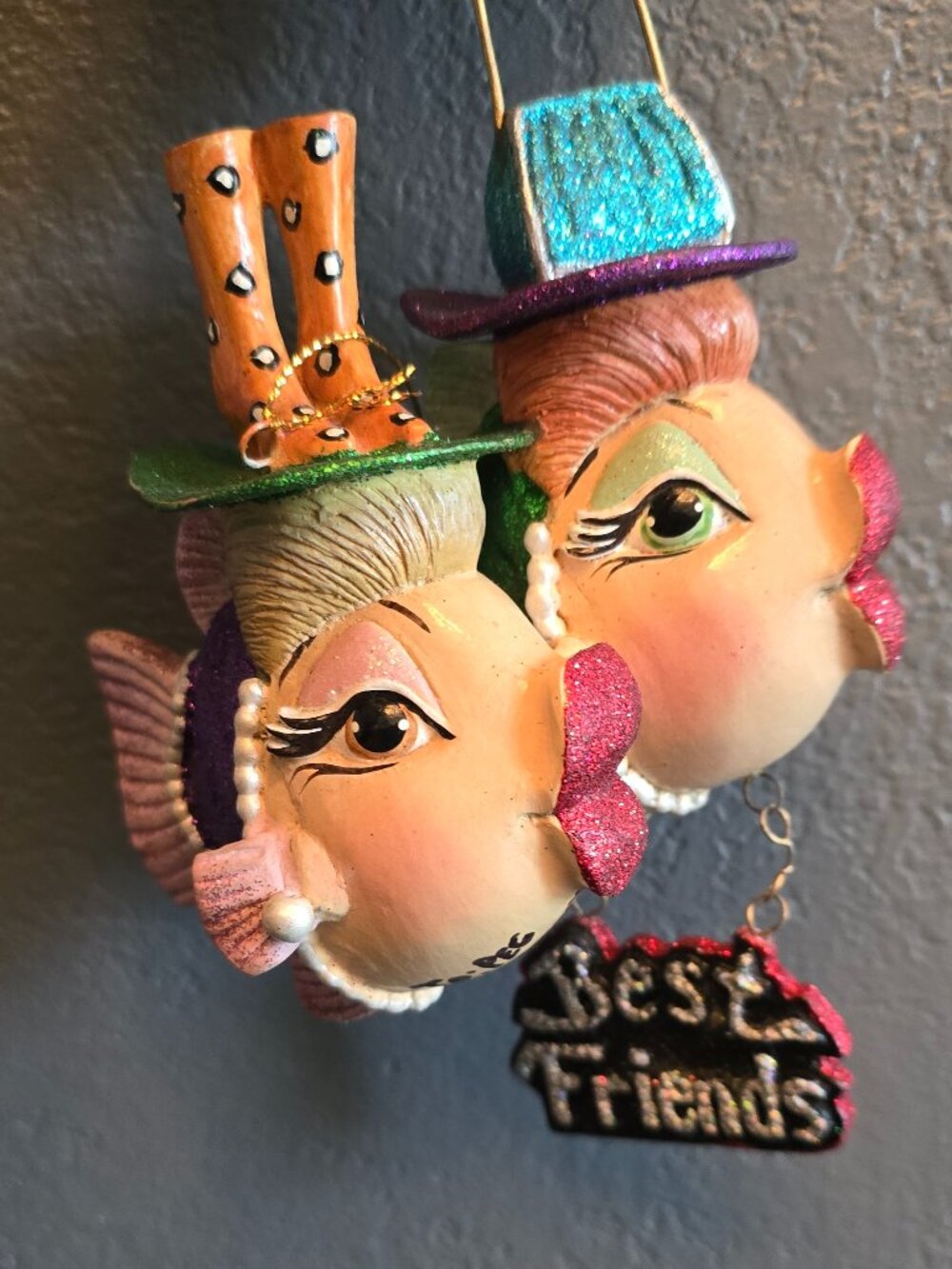Katherine's Collection Best Friends Kissing Fish Ornament Glitter Hats Coral